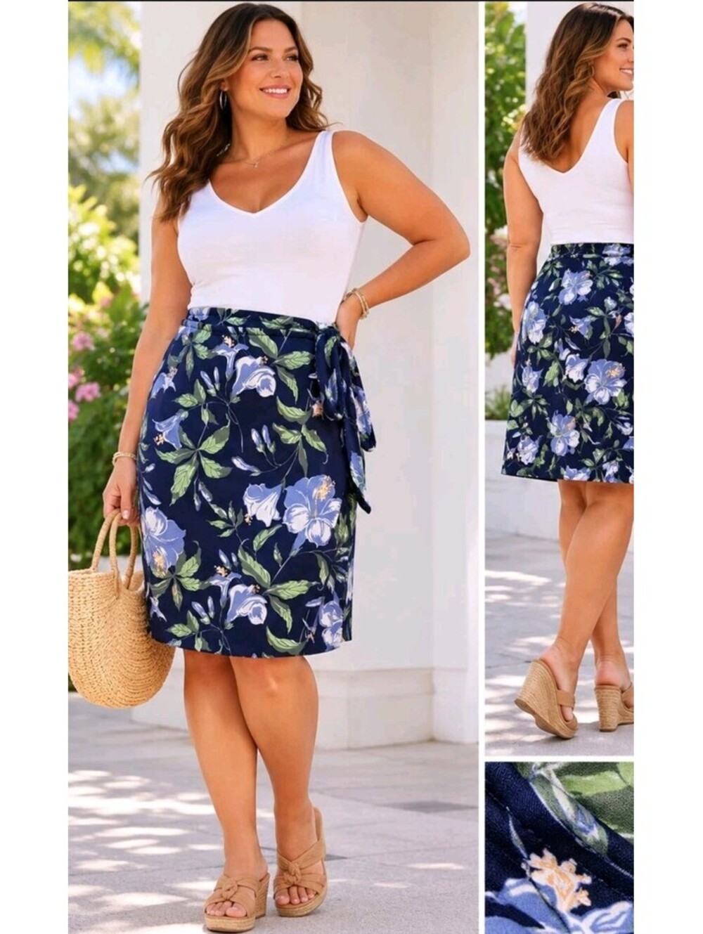 Tommy Bahama navy blue floral wrap skirt Size L Hibiscus Tropical Print #3